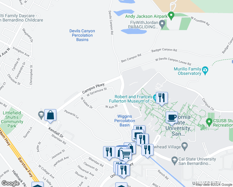 map of restaurants, bars, coffee shops, grocery stores, and more near 5603 North Live Oak Street in San Bernardino