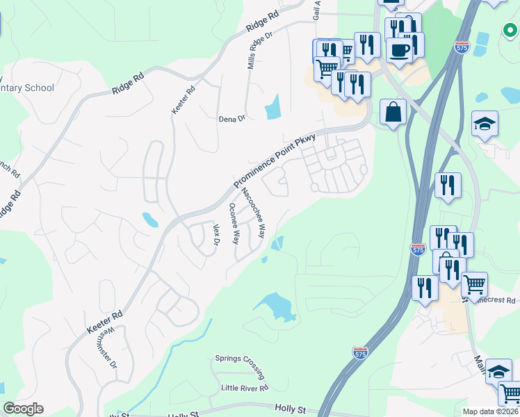 map of restaurants, bars, coffee shops, grocery stores, and more near 127 Nacoochee Way in Canton