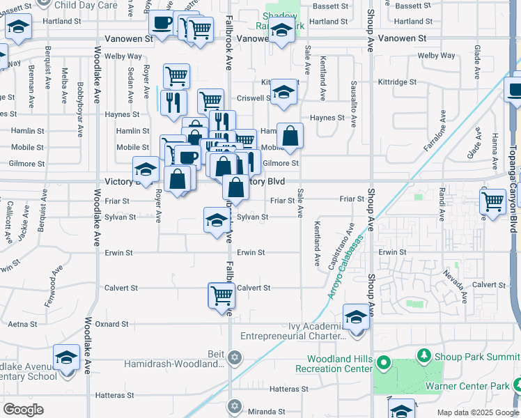 map of restaurants, bars, coffee shops, grocery stores, and more near 22703 Sylvan Street in Los Angeles