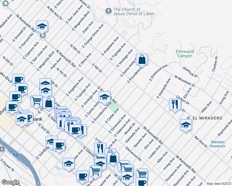 map of restaurants, bars, coffee shops, grocery stores, and more near 821 East Providencia Avenue in Burbank