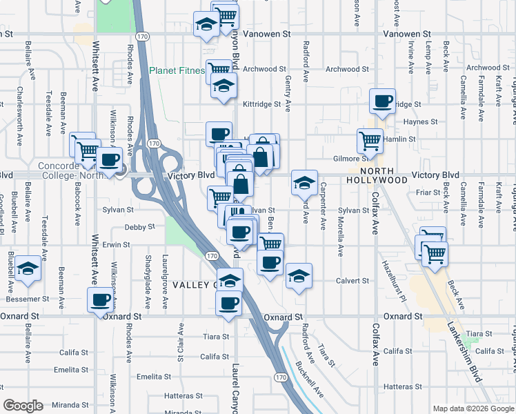map of restaurants, bars, coffee shops, grocery stores, and more near 6300 Agnes Avenue in Los Angeles