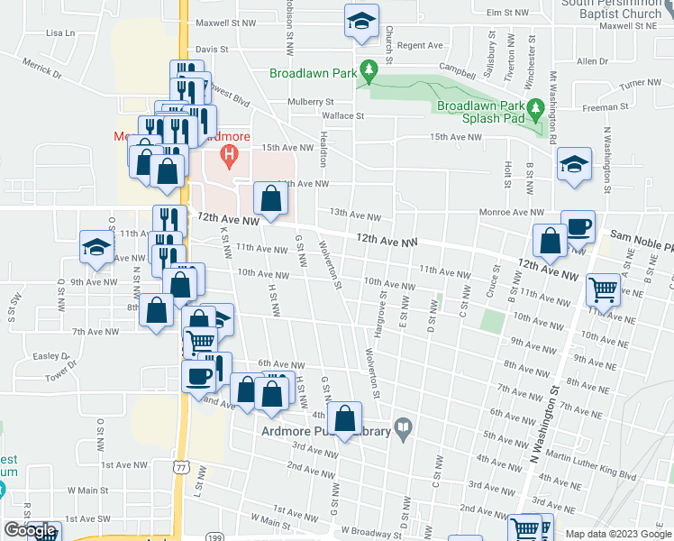 map of restaurants, bars, coffee shops, grocery stores, and more near 1003 Harris Street Northwest in Ardmore