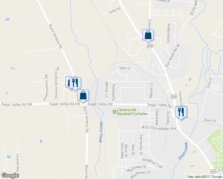 map of restaurants, bars, coffee shops, grocery stores, and more near 18 Penfield Drive in Cartersville
