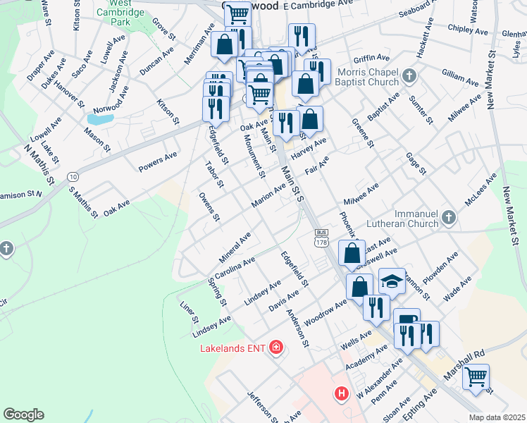 map of restaurants, bars, coffee shops, grocery stores, and more near 807 Edgefield Street in Greenwood