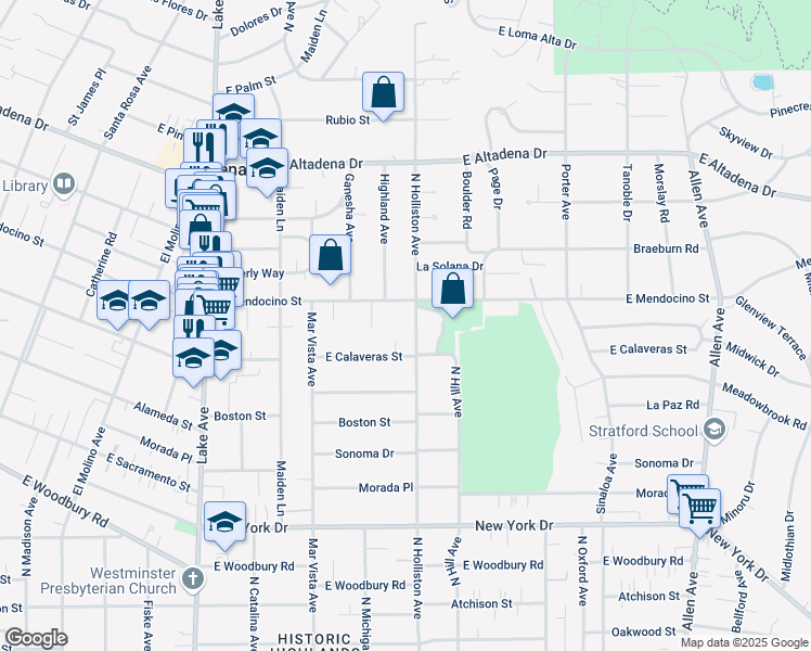 map of restaurants, bars, coffee shops, grocery stores, and more near 2281 North Holliston Avenue in Altadena