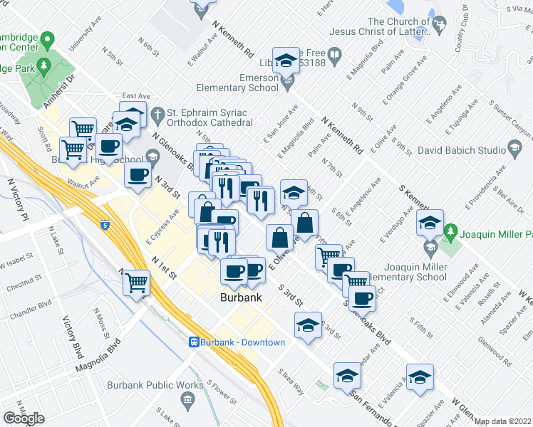 map of restaurants, bars, coffee shops, grocery stores, and more near 417 Palm Avenue in Burbank