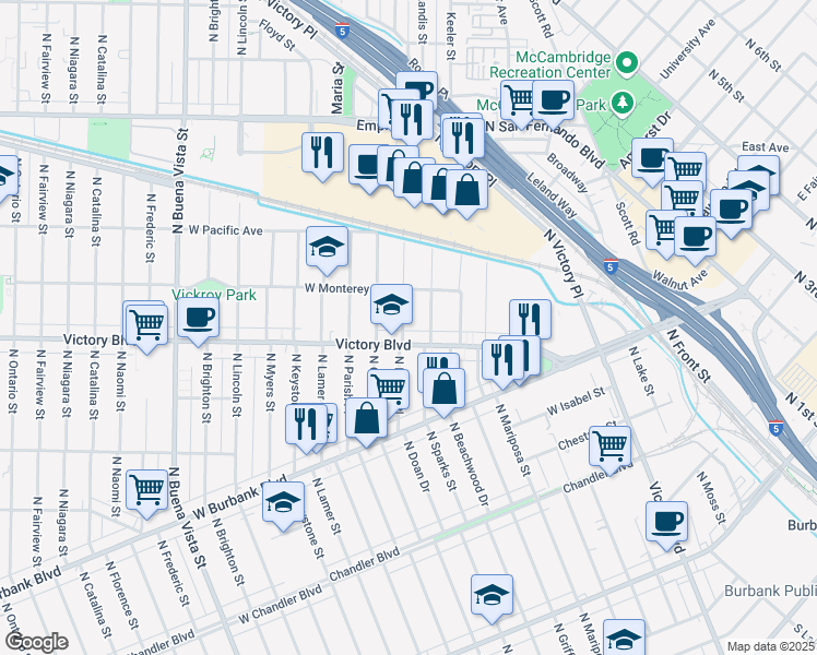 map of restaurants, bars, coffee shops, grocery stores, and more near 1210 North Reese Place in Burbank