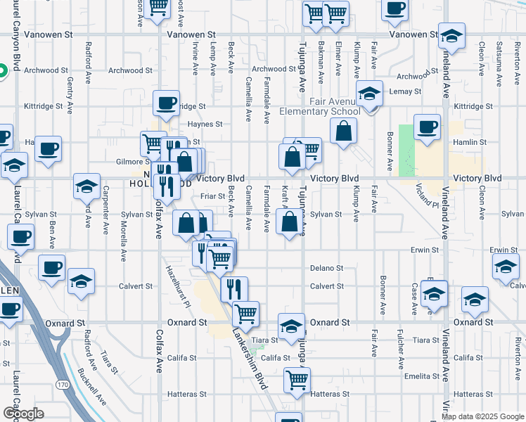 map of restaurants, bars, coffee shops, grocery stores, and more near 6301 Farmdale Avenue in Los Angeles