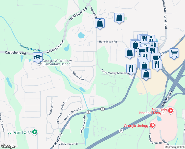 map of restaurants, bars, coffee shops, grocery stores, and more near 3815 Ridgefair Drive in Cumming