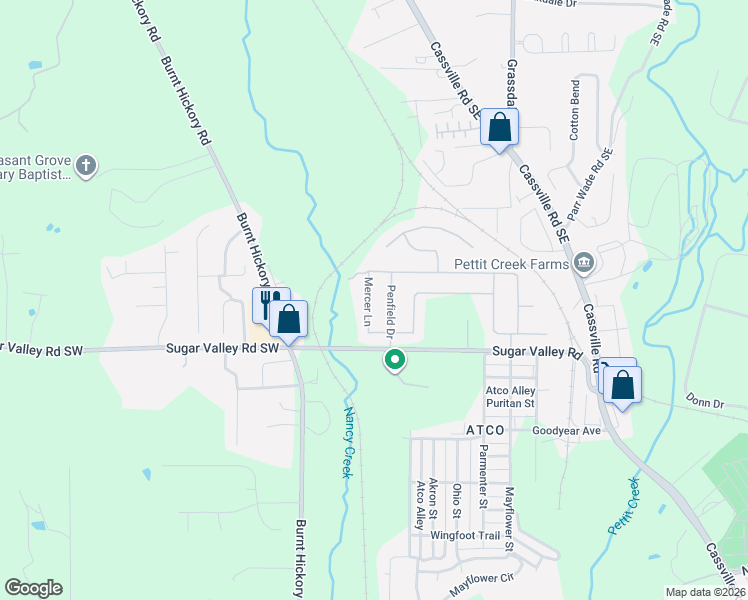 map of restaurants, bars, coffee shops, grocery stores, and more near 18 Penfield Drive in Cartersville
