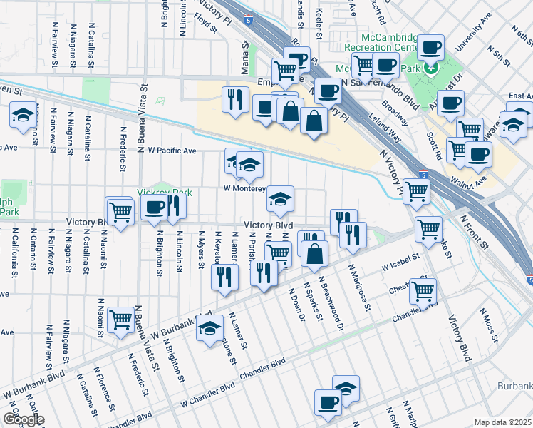 map of restaurants, bars, coffee shops, grocery stores, and more near 1213 North Orchard Drive in Burbank