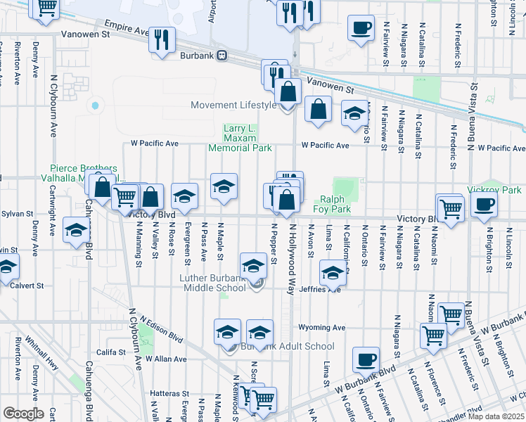 map of restaurants, bars, coffee shops, grocery stores, and more near 3623 West Victory Boulevard in Burbank