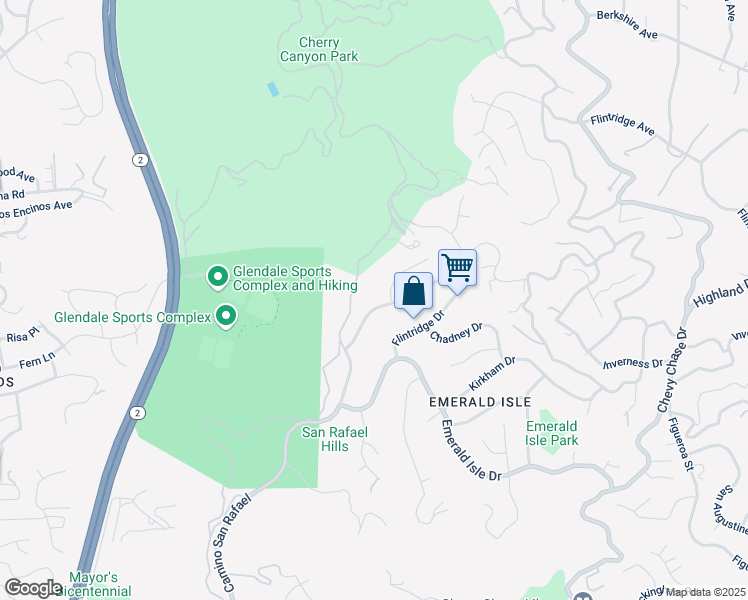 map of restaurants, bars, coffee shops, grocery stores, and more near 2514 Flintridge Drive in Glendale