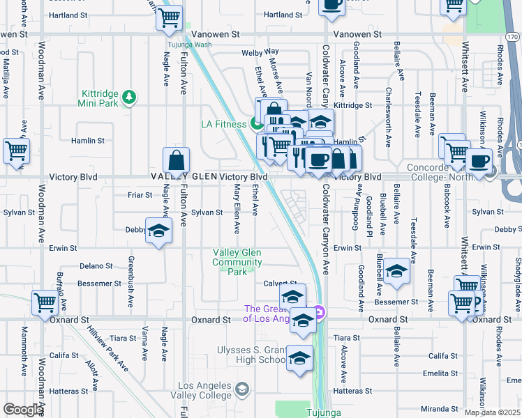 map of restaurants, bars, coffee shops, grocery stores, and more near 6304 Ethel Avenue in Los Angeles