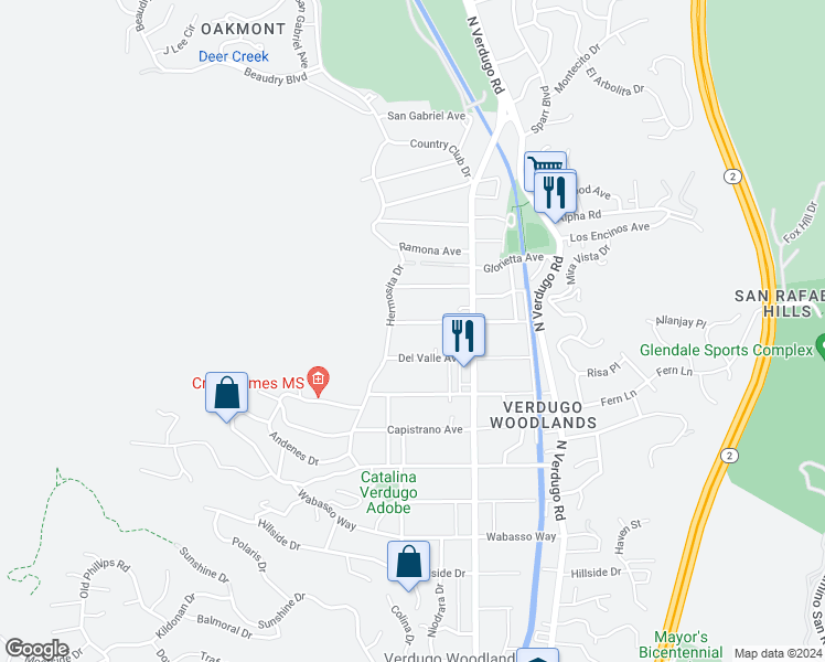 map of restaurants, bars, coffee shops, grocery stores, and more near 1614 Don Carlos Avenue in Glendale