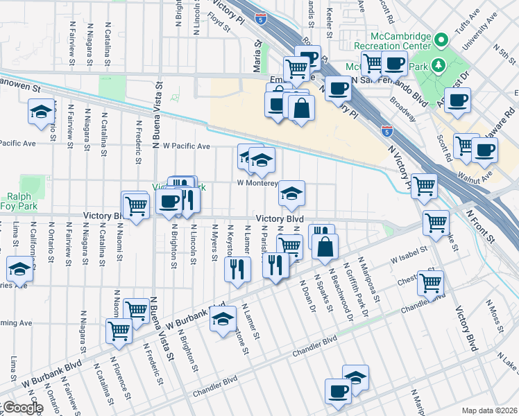 map of restaurants, bars, coffee shops, grocery stores, and more near 1215 North Parish Place in Burbank