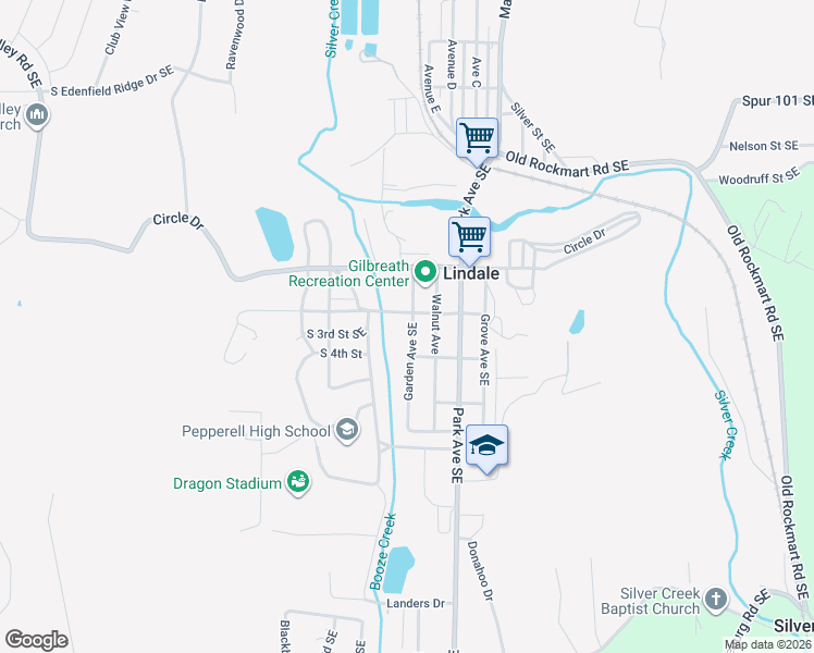 map of restaurants, bars, coffee shops, grocery stores, and more near 205 Garden Avenue Southeast in Lindale