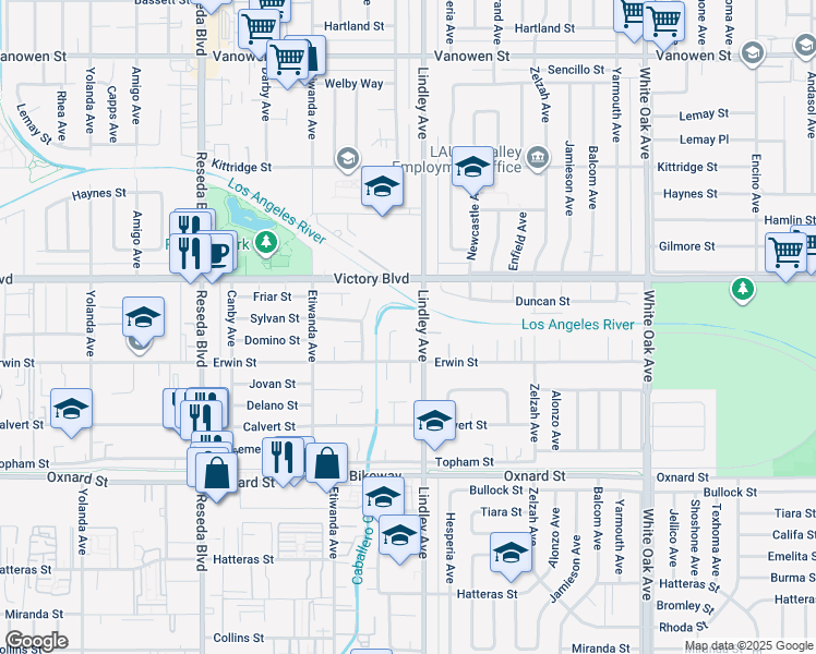 map of restaurants, bars, coffee shops, grocery stores, and more near 6349 Abbey Road in Los Angeles