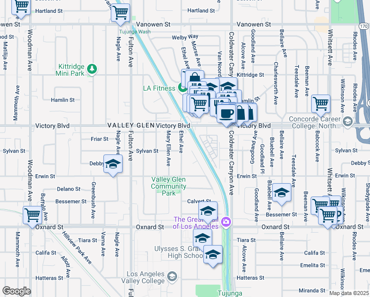 map of restaurants, bars, coffee shops, grocery stores, and more near 6304 Ethel Avenue in Los Angeles