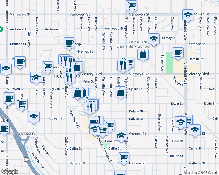 map of restaurants, bars, coffee shops, grocery stores, and more near 6301 Farmdale Avenue in Los Angeles