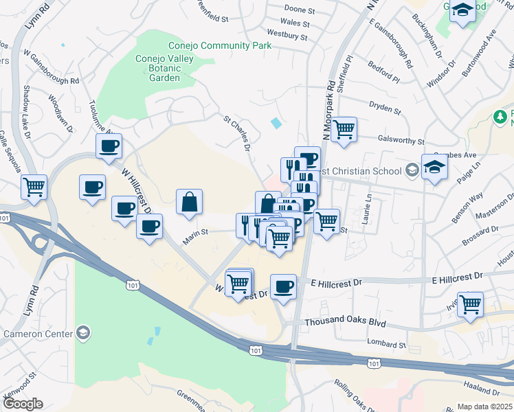 map of restaurants, bars, coffee shops, grocery stores, and more near 555 Saint Charles Drive in Thousand Oaks