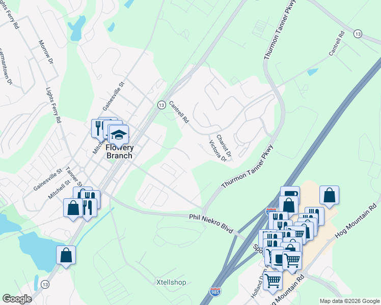 map of restaurants, bars, coffee shops, grocery stores, and more near 5161 Spring Street in Flowery Branch