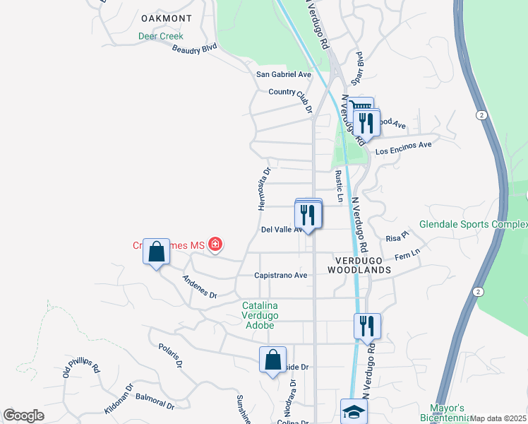 map of restaurants, bars, coffee shops, grocery stores, and more near 1600 Don Carlos Avenue in Glendale
