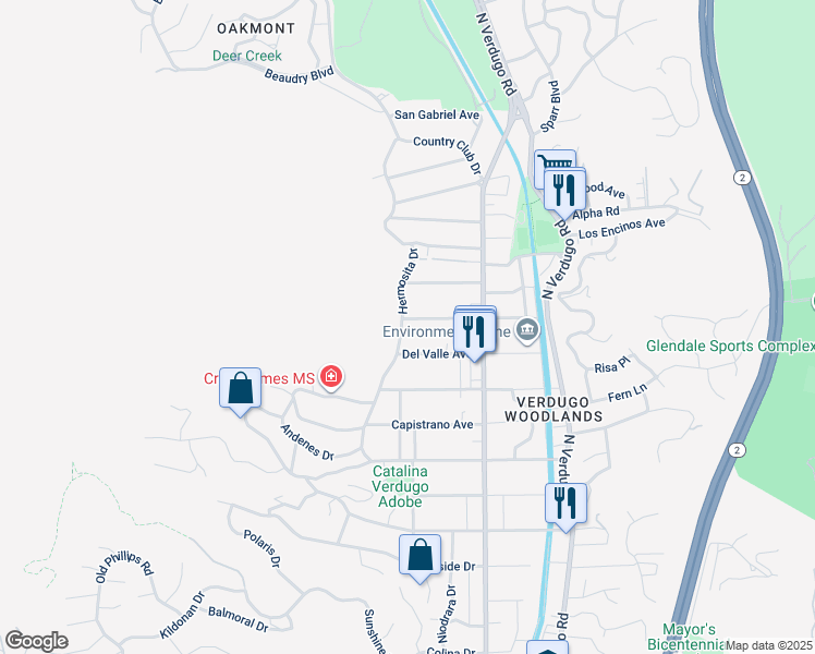 map of restaurants, bars, coffee shops, grocery stores, and more near 1600 Don Carlos Avenue in Glendale