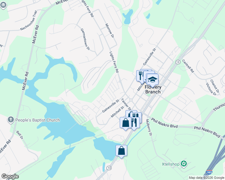 map of restaurants, bars, coffee shops, grocery stores, and more near 6021 Harbour Mist Drive in Flowery Branch