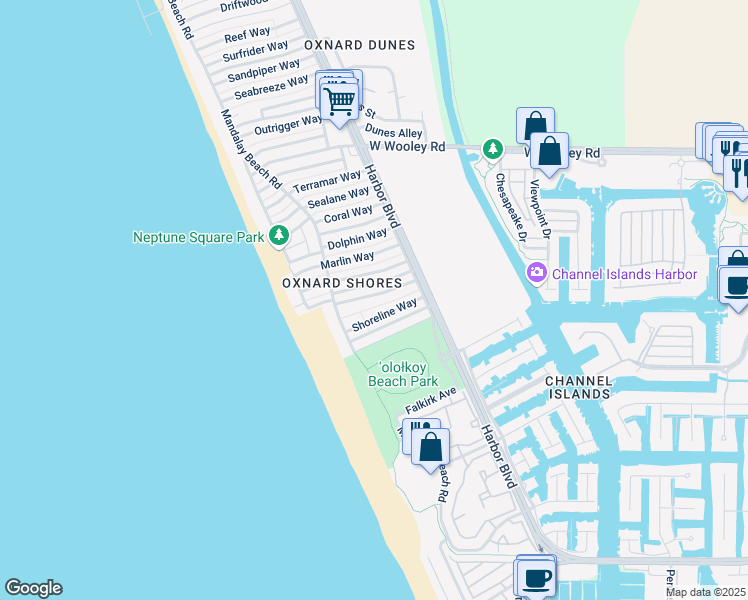 map of restaurants, bars, coffee shops, grocery stores, and more near 4936 Amalfi Way in Oxnard