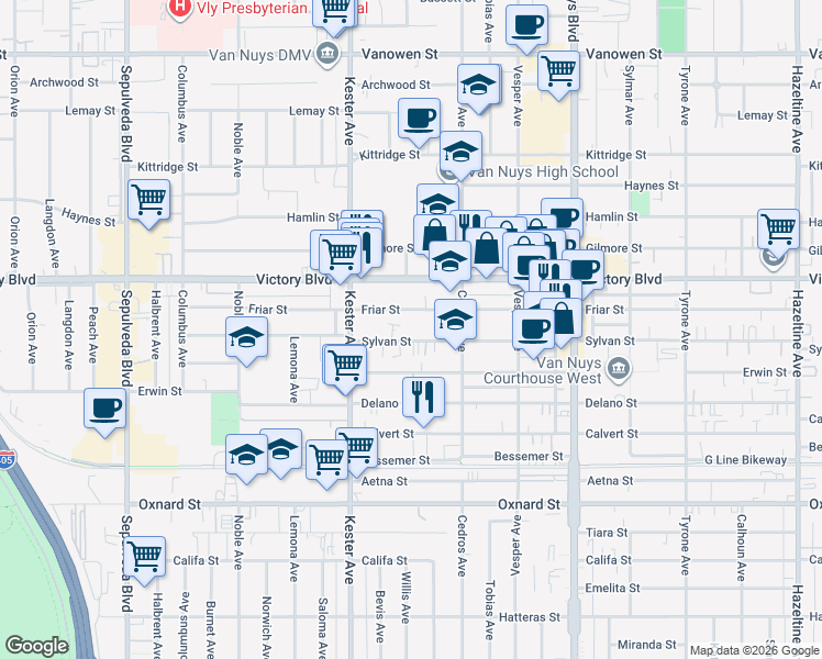 map of restaurants, bars, coffee shops, grocery stores, and more near 14757 Sylvan Street in Los Angeles