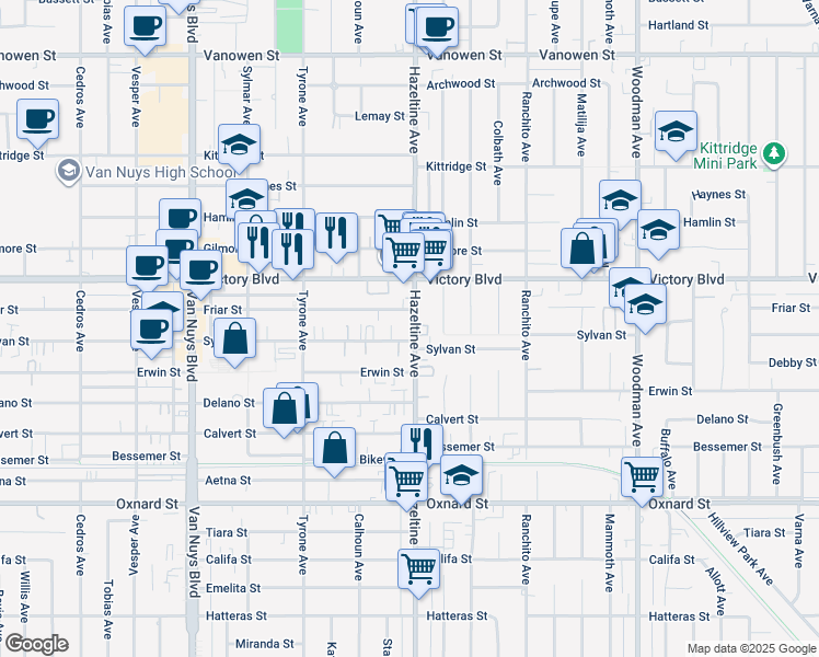 map of restaurants, bars, coffee shops, grocery stores, and more near 6311 Hazeltine Avenue in Los Angeles