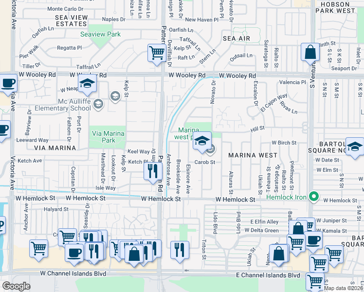 map of restaurants, bars, coffee shops, grocery stores, and more near 1410 Brookside Avenue in Oxnard