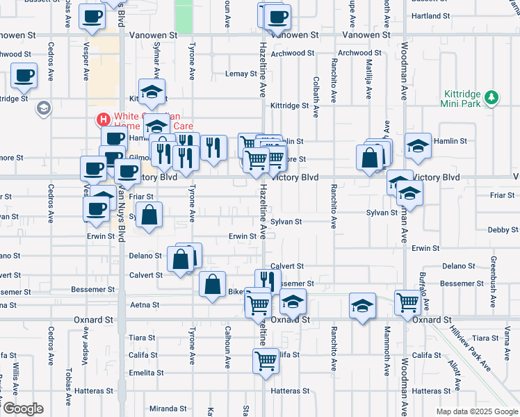 map of restaurants, bars, coffee shops, grocery stores, and more near 6311 Hazeltine Avenue in Los Angeles