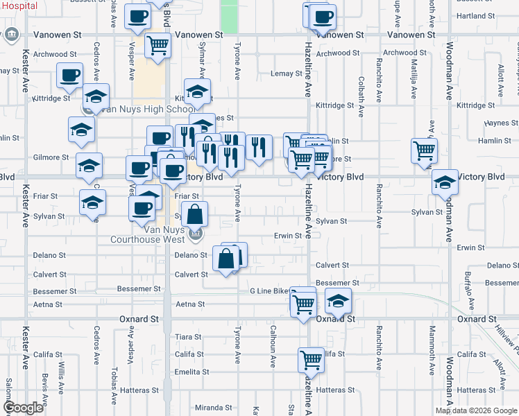 map of restaurants, bars, coffee shops, grocery stores, and more near 14223 Sylvan Street in Los Angeles
