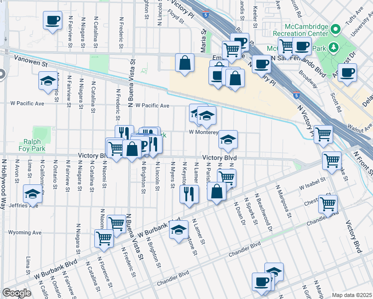 map of restaurants, bars, coffee shops, grocery stores, and more near 1414 North Keystone Street in Burbank