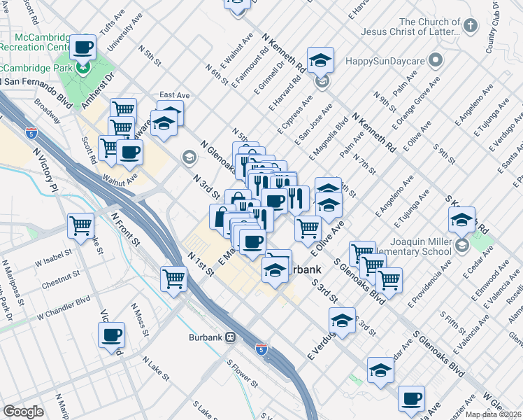 map of restaurants, bars, coffee shops, grocery stores, and more near 353 East Magnolia Boulevard in Burbank
