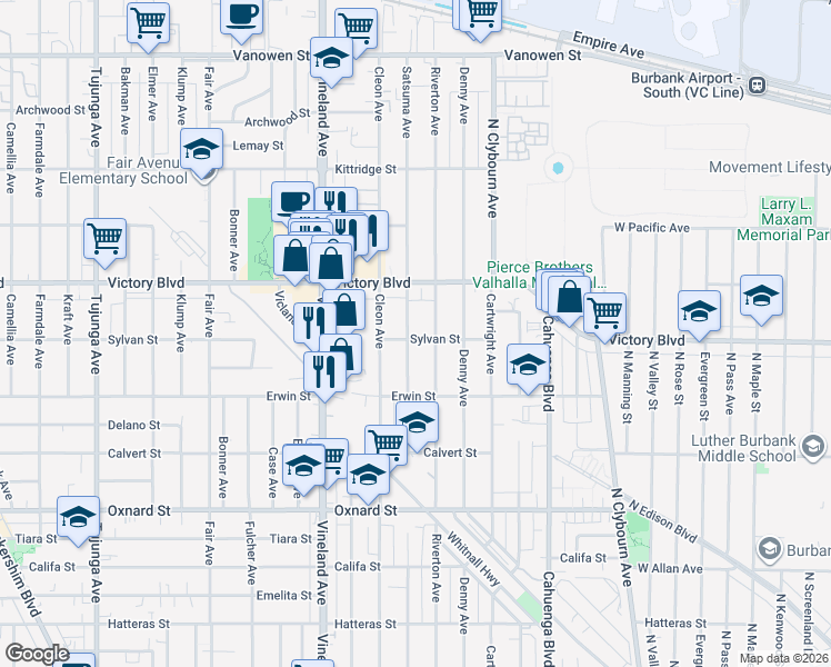 map of restaurants, bars, coffee shops, grocery stores, and more near 6302 Satsuma Avenue in Los Angeles