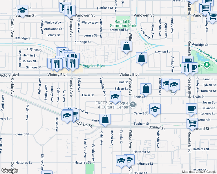 map of restaurants, bars, coffee shops, grocery stores, and more near 19037 Sylvan Street in Los Angeles
