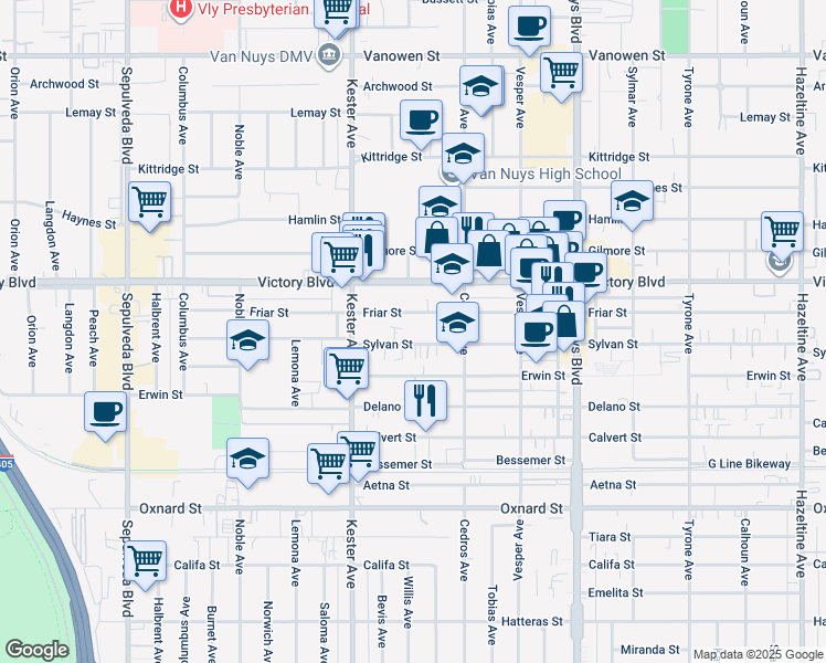 map of restaurants, bars, coffee shops, grocery stores, and more near 14753 Sylvan Street in Los Angeles