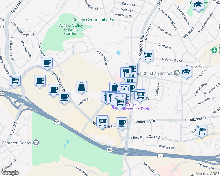 map of restaurants, bars, coffee shops, grocery stores, and more near 555 Saint Charles Drive in Thousand Oaks