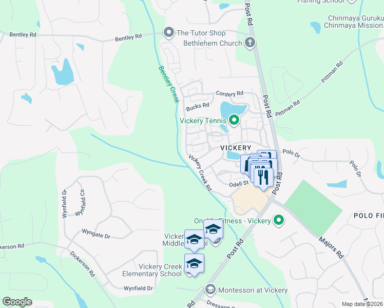 map of restaurants, bars, coffee shops, grocery stores, and more near 6420 Vickery Creek Road in Cumming