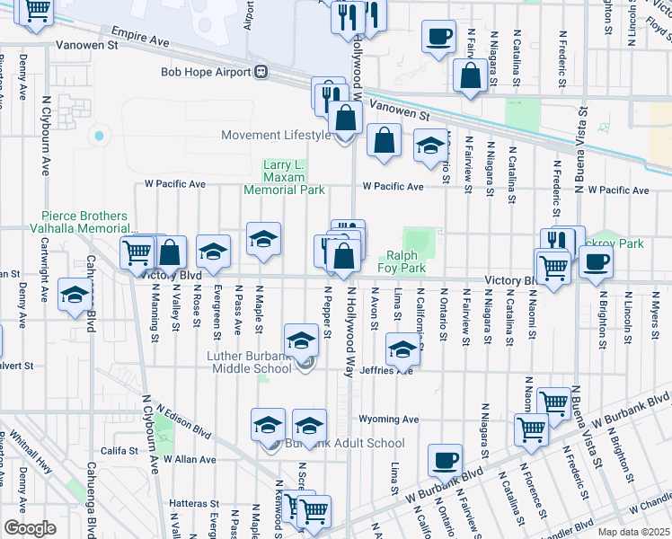 map of restaurants, bars, coffee shops, grocery stores, and more near 3525 West Victory Boulevard in Burbank