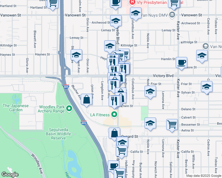 map of restaurants, bars, coffee shops, grocery stores, and more near 6310 Peach Avenue in Los Angeles