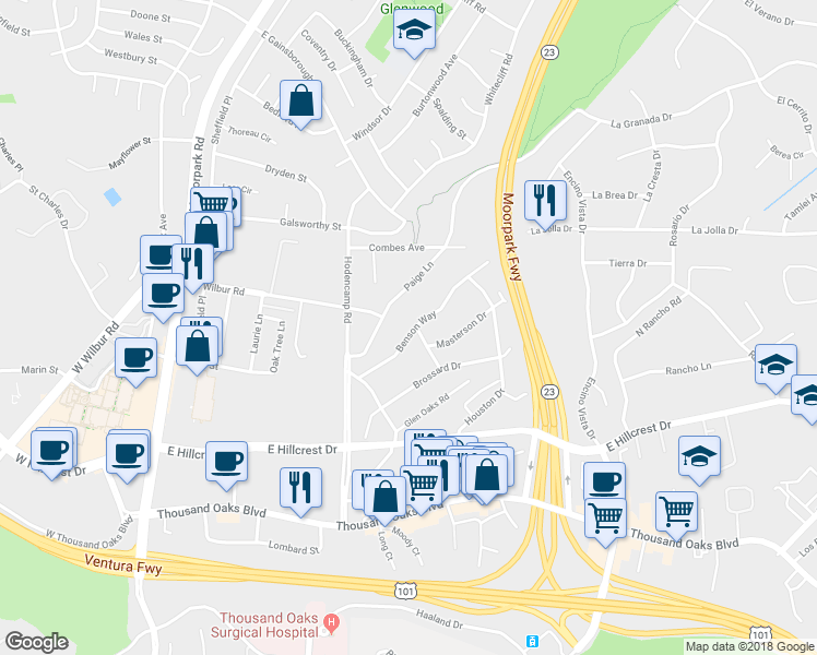map of restaurants, bars, coffee shops, grocery stores, and more near 679 Benson Way in Thousand Oaks