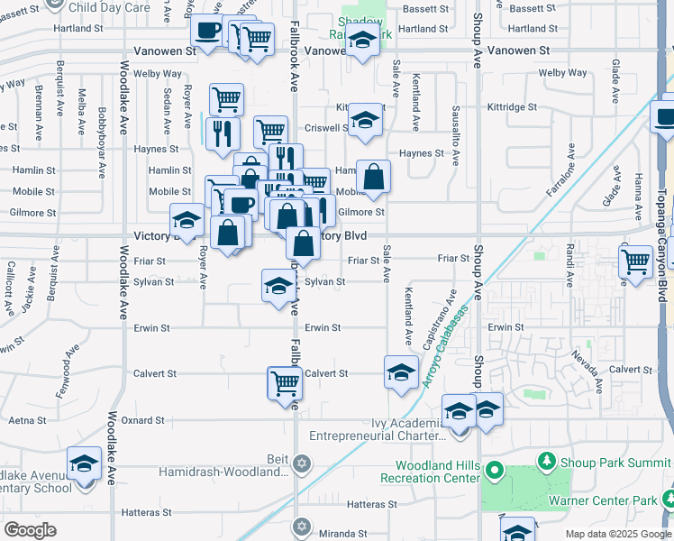 map of restaurants, bars, coffee shops, grocery stores, and more near 22703 Sylvan Street in Los Angeles