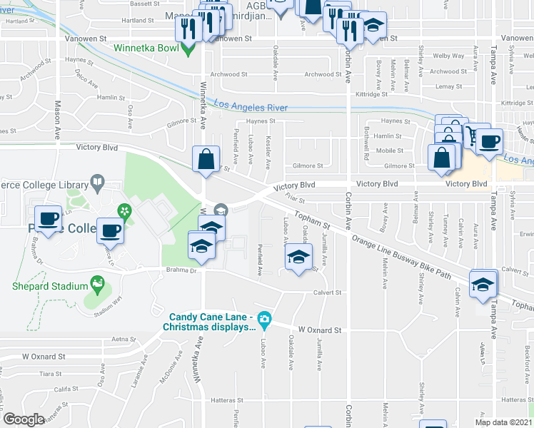 map of restaurants, bars, coffee shops, grocery stores, and more near 6286 Penfield Avenue in Los Angeles