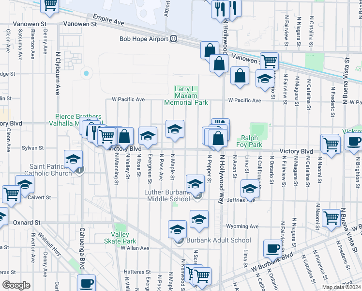 map of restaurants, bars, coffee shops, grocery stores, and more near 3807 Victory Boulevard in Burbank
