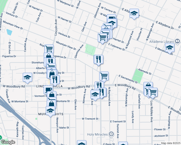 map of restaurants, bars, coffee shops, grocery stores, and more near 2282 El Sereno Avenue in Altadena