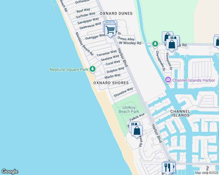 map of restaurants, bars, coffee shops, grocery stores, and more near 1460 Mandalay Beach Road in Oxnard